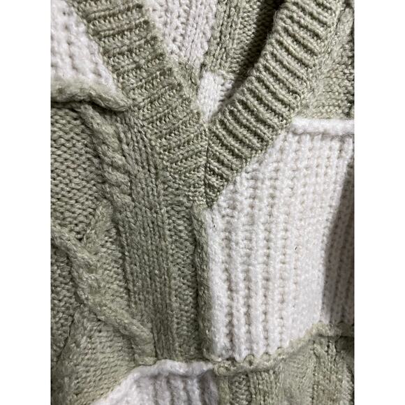 Zara Sweater Womens Small Patchwork Chunky Knit Sage Green Ivory V Neck Oversize - Picture 3 of 6